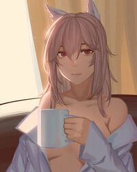  absurdres animal_ears bad_id bad_pixiv_id bare_shoulders breasts coffee_mug collarbone collared_shirt commentary convenient_censoring cup expressionless female girls&#039;_frontline hair_between_eyes highres holding holding_cup indoors long_hair long_sleeves looking_at_viewer medium_breasts messy_hair mug off_shoulder open_clothes open_shirt persica_(girls&#039;_frontline) pink_hair red_eyes salty_eyes shirt solo upper_body white_shirt window 