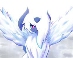  :&lt; absol bright_pupils closed_mouth commentary english_commentary expressionless feathered_wings fluffy fur_collar gradient_background hair_over_one_eye icykatsura long_hair looking_at_viewer mega_absol mega_pokemon one_eye_covered pokemon pokemon_(creature) red_eyes sidelocks simple_background sitting split_mouth straight-on upper_body white_background white_pupils white_wings wings 