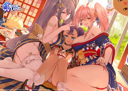  3girls ;d absurdres arm_strap azur_lane bare_shoulders blue_eyes blue_kimono bluegill_(azur_lane) blush breasts bremerton_(azur_lane) commentary crossed_bangs dark-skinned_female dark_skin dishwasher1910 eagle_union_(emblem) english_commentary girl_sandwich grey_hair hair_between_eyes hair_ornament highres indoors intrepid_(azur_lane) japanese_clothes jewelry kimono large_breasts long_hair looking_at_viewer manjuu_(azur_lane) multicolored_hair multiple_girls obi oerba_yun_fang official_art one_eye_closed open_mouth ornate_ring parted_lips pink_eyes pink_hair purple_hair ring sandwiched sash short_eyebrows sidelocks sitting smile streaked_hair tabi thighhighs thighs twintails very_long_hair w wedding_ring 