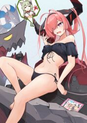  2girls :3 =_= ahoge akashi_(azur_lane) alternate_costume antenna_hair antique_phone azur_lane bikini black_bikini black_horns breasts cat_girl clothes_hanger commentary_request green_hair hair_on_horn hair_over_one_eye highres holding holding_phone horns huge_horns innertube long_hair long_horns magazine_(object) marshall_k multiple_girls navel non-humanoid_robot off-shoulder_bikini off_shoulder open_mouth phone pink_hair prinz_rupprecht_(azur_lane) purple_eyes robot robot_dragon rotary_phone scharnhorst_(azur_lane) side-tie_bikini_bottom sleeves_past_fingers sleeves_past_wrists small_breasts stomach swim_ring swimsuit talking_on_phone 