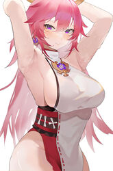  absurdres animal_ears armpits bare_shoulders blush breasts commentary earrings female fox_ears genshin_impact hair_between_eyes hair_ornament highres japanese_clothes jewelry large_breasts long_hair long_sleeves pink_hair purple_eyes sideboob simple_background solo steaming_body sweat white_background wide_sleeves yae_miko yoyo_(550098) 