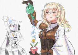  2girls :3 ? ?? blonde_hair blurry breasts cape commentary_request cowboy_shot decantering depth_of_field failure flower girls&#039;_frontline gloves hair_between_eyes hair_flower hair_ornament holding holding_plant iws_2000_(girls&#039;_frontline) korean_commentary kumarang long_hair looking_down medium_breasts multiple_girls plant potted_plant red_eyes smile upper_body water watering_can x95_(girls&#039;_frontline) yellow_eyes you&#039;re_doing_it_wrong 