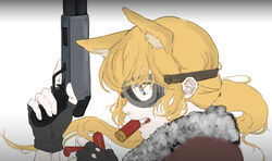  animal_ears asaripan bad_id bad_pixiv_id black_gloves blonde_hair blue_eyes commentary_request dog_ears extra_ears female fingerless_gloves fur_trim girls&#039;_frontline gloves goggles gun holding holding_gun holding_weapon korean_commentary long_hair m500_(girls&#039;_frontline) mossberg_500 mouth_hold profile pump_action shotgun shotgun_shell simple_background solo trigger_discipline weapon 