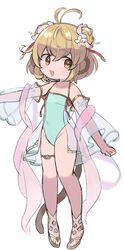  andira_(granblue_fantasy) andira_(summer)_(granblue_fantasy) animal_ears antenna_hair bare_shoulders blonde_hair brown_eyes casual_one-piece_swimsuit chibi covered_navel detached_sleeves double_bun eno_(preno_gb) erune female flat_chest full_body granblue_fantasy green_one-piece_swimsuit groin hair_bun highres looking_to_the_side monkey_ears monkey_girl monkey_tail one-piece_swimsuit open_mouth outstretched_arm sandals see-through see-through_sleeves short_hair simple_background smile solo standing swimsuit tail thigh_strap white_background 