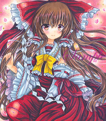  bow bowtie brown_hair closed_mouth commentary_request cowboy_shot detached_sleeves female frilled_bow frilled_bowtie frilled_hair_tubes frilled_shirt_collar frilled_sleeves frills gohei hair_between_eyes hair_tubes hairbow hakurei_reimu holding holding_stick long_hair looking_at_viewer marker_(medium) partial_commentary petals pink_background red_bow red_eyes red_ribbon red_shirt red_skirt ribbon ribbon-trimmed_sleeves ribbon_trim rui_(sugar3) sample_watermark shirt skirt skirt_set sleeve_ribbon sleeveless sleeveless_shirt smile solo stick touhou traditional_media very_long_hair watermark wide_sleeves yellow_bow yellow_bowtie 