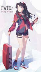  alternate_costume black_choker black_hair black_shorts blue_eyes cellphone choker command_spell commentary_request copyright_name crop_top earbuds earphones fate/stay_night fate_(series) female highres jacket listening_to_music long_hair phone red_jacket rolling_suitcase shorts smartphone solo suitcase thigh_strap tohsaka_rin two_side_up yeh_(354162698) 