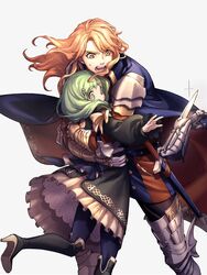  1boy black_footwear black_legwear blue_legwear boots bow cape commentary_request female ferdinand_von_aegir fire_emblem fire_emblem:_three_houses flayn_(fire_emblem) garreg_mach_monastery_uniform green_eyes green_hair hair_ornament high_heel_boots high_heels highres hug knee_boots long_hair long_sleeves moyashi_mou2 open_mouth orange_eyes orange_hair scabbard sheath sheathed simple_background sword uniform weapon white_background 