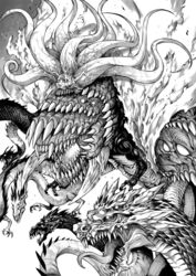  commentary_request dragon eldritch_abomination extra_eyes giant giant_monster greyscale highres korean_commentary monochrome multiple_heads no_humans one-punch_man orochi_(one-punch_man) pagong sharp_teeth teeth tentacle 