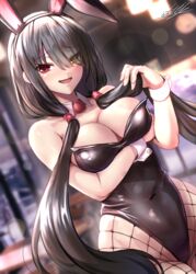  :d animal_ears bad_id bad_pixiv_id bare_shoulders black_hair black_leotard blurry blurry_background bokeh breast_hold breasts chinese_commentary cleavage collarbone covered_navel cowboy_shot date_a_live depth_of_field detached_collar eyes_visible_through_hair fake_animal_ears female fishnet_pantyhose fishnets hair_between_eyes hair_tubes hand_up heterochromia highleg highleg_leotard highres indoors leotard long_hair looking_at_viewer low_twintails medium_breasts open_mouth pantyhose pinkmarine playboy_bunny red_eyes shiny_clothes signature smile solo strapless strapless_leotard tokisaki_kurumi twintails very_long_hair wrist_cuffs yellow_eyes 