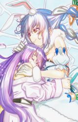  2girls animal_ears carrot_hair_ornament crying don-chan_(usada_pekora) food-themed_hair_ornament hair_ornament hand_on_another&#039;s_head highres hololive hololive_indonesia hug long_hair moona_hoshinova moona_hoshinova_(1st_costume) multiple_girls purple_hair rabbit_ears ressanpanda smile usada_pekora usada_pekora_(1st_costume) virtual_youtuber 