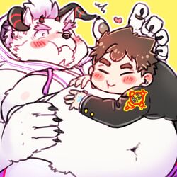  1:1 anthro behemoth_(tas) belly blush chubby_protagonist_(tas) cuddling duo hiryuuuuuuuuu horn human lifewonders male male/male mammal monster navel overweight overweight_male protagonist_(tas) tokyo_afterschool_summoners 