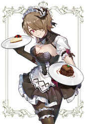  apron black_gloves black_pantyhose border breasts brown_hair cake cake_slice cleavage dress female food frilled_apron frilled_dress frills gloves grin hair_over_one_eye highres holding holding_plate honkai_(series) honkai_impact_3rd looking_at_viewer maid maid_apron maid_headdress mole mole_under_eye open_mouth pantyhose plate purple_eyes rita_rossweisse rita_rossweisse_(umbral_rose) short_hair short_sleeves simple_background sin_(btc86amme) smile solo teeth white_background 