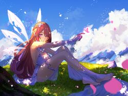  absurdres backless_dress backless_outfit barefoot barefoot_sandals_(jewelry) blue_lizz_penguin breasts brown_hair bug butterfly cloud day dress elbow_gloves eyebrows_hidden_by_hair fairy_wings female gloves grass highres indie_virtual_youtuber large_breasts legs mountain nina_saotome nina_saotome_(2nd_costume) pink_butterfly protected_link purple_eyes sitting sky smile solo thigh_strap thighs virtual_youtuber white_dress white_gloves wings 