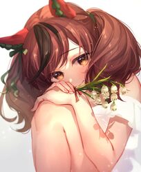  animal_ears bare_shoulders blush brown_eyes brown_hair closed_mouth dress ear_covers female flower highres holding holding_flower horse_ears horse_girl hugging_own_legs knees_up long_hair looking_at_viewer multicolored_hair nice_nature_(umamusume) ouri_(aya_pine) sitting smile snowbell_(flower) solo streaked_hair twintails umamusume white_dress white_flower 