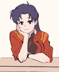  black_eyes closed_mouth commentary english_commentary female head_rest jacket katsuragi_misato long_hair looking_at_viewer neon_genesis_evangelion open_clothes open_jacket parted_bangs purple_hair red_jacket smile solo topium upper_body 