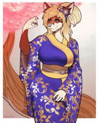  2019 5_fingers accessory alpha_channel anthro asian_clothing big_breasts blonde_hair border breasts canid canine clothed clothing digital_media_(artwork) east_asian_clothing female fingers flower flower_in_hair fox grey_eyes hair hair_accessory hi_res japanese_clothing kimono mammal plant porin ryoko_(earthymuffin) shaded smile solo transparent_border 