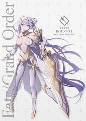  absurdres arm_guards bare_shoulders belt blue_eyes blush boots breasts britomart_(fate) britomart_(second_ascension)_(fate) capelet center_opening character_name cleavage copyright_name dagger double_bun dress elbow_gloves fate/grand_order fate_(series) female full_body gloves gold_trim greatsword grey_hair hair_bun hairband highres knee_boots knife large_breasts long_hair looking_at_viewer pants pointy_ears smile solo sword taut_clothes taut_dress tight_clothes tight_pants twintails very_long_hair weapon white_capelet white_dress white_footwear white_gloves white_pants yuniyuni 