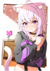  :3 absurdres ahoge animal_ears black_collar black_hoodie blush border cat_ears cat_girl cat_tail closed_mouth collar commentary crop_top crossed_bangs female highres hololive hood hoodie long_sleeves looking_at_viewer medium_hair nekomata_okayu nekomata_okayu_(1st_costume) outside_border own_hands_together pink_hair purple_eyes sidelocks smile solo spice_mega sweatdrop tail virtual_youtuber white_border 