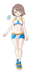  absurdres ass_visible_through_thighs bikini blush bob_cut breasts brown_eyes brown_hair collarbone commentary_request cosplay female full_body gloria_(pokemon) gym_trainer_(pokemon) gym_trainer_(pokemon)_(cosplay) highres knees midriff navel open_mouth pokemon pokemon_swsh shoes short_hair simple_background solo standing swimsuit tankini tax2rin thigh_gap white_background 