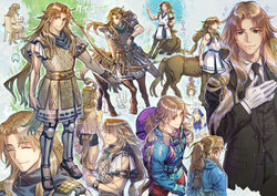  2boys :d ^_^ arm_strap armor avicebron_(fate) backpack bag basket black_jacket black_necktie black_pants black_vest blonde_hair blue_jacket blue_scarf bow_(weapon) brown_hair centaur chiron_(fate) closed_eyes collared_shirt commentary cowboy_shot cropped_torso curtained_hair drawing_bow facing_away fate/apocrypha fate/grand_order fate_(series) flower flower_braid from_behind from_side full_body green_eyes hair_flower hair_ornament hand_on_own_chest hand_on_own_hip holding holding_basket holding_bow_(weapon) holding_weapon horse_tail index_finger_raised jacket leggings long_hair looking_at_viewer low-tied_long_hair male_focus male_underwear mask monster_boy multi-tied_hair multiple_boys multiple_views na222222 necktie official_alternate_costume pants ponytail profile quiver sandals scarf shirt sitting sleeveless smile solo_focus sparkle standing tail taur toned toned_male underwear upper_body vest weapon white_shirt white_tunic 