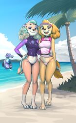  2023 3_toes 4_fingers 5:8 absurd_res anthro anthrofied beach bikini bikini_bottom bird_dog blue_eyes canid canine canis clothed clothing cockapoo cocker_spaniel coral_(paw_patrol) diacordst domestic_dog duo exposure_variation feet female fingers gloves_(marking) hair hand_on_hip hi_res hunting_dog leg_markings looking_at_viewer mammal markings mixed_breed multicolored_body multicolored_hair navel open_mouth open_smile outside partially_clothed pasties paw_patrol purple_eyes sea seaside skye_(paw_patrol) smile socks_(marking) spaniel standing swimwear toes two_tone_body water 