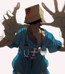  1boy absurdres against_fourth_wall bad_id bad_pixiv_id bag bag_over_head blue_shirt cleanerjay collarbone commentary doctor faust_(guilty_gear) gloves glowing glowing_eye guilty_gear guilty_gear_strive highres looking_at_viewer male_focus paper_bag red_eyes shirt short_sleeves simple_background solo stethoscope stitches upper_body white_background white_gloves 