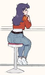  ass belt black_belt blush closed_mouth commentary denim english_commentary female from_behind full_body jacket jeans katsuragi_misato long_hair long_sleeves looking_at_viewer looking_back neon_genesis_evangelion pants profile purple_hair red_jacket sitting smile solo stool topium watch white_footwear wristwatch 