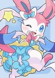  2021 alternative_fashion blue_clothing blue_dress blue_eyes blush bow_accessory checkered_style_sylveon clothed clothing cute_fangs daww dress eeveelution featureless_crotch female fur generation_6_pokemon hi_res holowear_(pokemon) j-fashion kemono lolita_(fashion) nintendo no_underwear one_eye_closed open_mouth pastel_theme pink_body pink_fur pink_tail pokemon pokemon_(species) pokemon_unite raised_leg solo sweet_lolita sylveon tail upskirt wadorigi white_body white_fur 