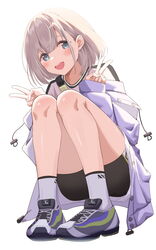  :d absurdres bad_id bad_pixiv_id bare_legs bike_shorts blue_eyes blush bob_cut double_v etoile fanny_pack female full_body grey_hair highres idolmaster idolmaster_shiny_colors jacket jacket_partially_removed looking_at_viewer purple_jacket round_teeth serizawa_asahi shoes short_hair simple_background smile sneakers solo squatting streetwear teeth v white_background 