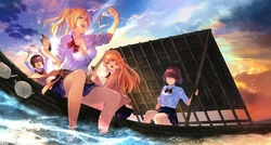  4girls ahoge amatani_mutsu blazer blonde_hair blue_eyes blue_skirt boat bow bowtie breasts brown_hair cleavage closed_eyes clothes_around_waist commentary_request fish fishing_line glasses jacket kujou_shion long_hair miniskirt multiple_girls ocean official_art onishima_homare open_mouth outdoors partially_submerged pleated_skirt raft red-framed_eyewear red_bow red_bowtie sagara_riri school_uniform shirt short_hair sitting skirt sky sleeves_rolled_up smile sounan_desuka? suzumori_asuka twintails undone_bowtie water watercraft white_shirt 