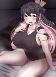  absurdres black_hair blush bow breasts breath colored_inner_hair female hair_between_eyes hairbow hand_on_own_chest highres indoors kantai_collection kashiwamochi_(kashiwakashiwa) large_breasts leotard long_hair looking_at_viewer multicolored_hair naganami_(kancolle) on_bed open_mouth pink_hair sitting solo two-tone_hair yellow_eyes 