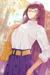  :&lt; alternate_costume autumn autumn_leaves bag belt blurry blurry_background cagasyo cowboy_shot female from_below glasses hand_on_own_hip handbag highres holding_strap kasen_kanesada_(tenka_hyakken) lamppost long_hair long_sleeves looking_at_viewer outdoors outside_border purple_hair purple_skirt semi-rimless_eyewear skirt solo sweater sweater_tucked_in tenka_hyakken tree under-rim_eyewear v-shaped_eyebrows yellow_eyes 