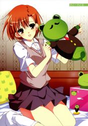  absurdres brown_eyes brown_hair female frog gekota highres misaka_mikoto satou_satoru school_uniform short_hair solo stuffed_animal stuffed_frog stuffed_toy summer_uniform sweater_vest toaru_kagaku_no_railgun toaru_majutsu_no_index tokiwadai_school_uniform 