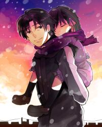  1boy aged_down aya_tori black_eyes black_hair carrying commentary_request downscaled dress fate/zero fate_(series) female hair_ribbon hood hoodie lolicon matou_kariya matou_sakura piggyback resized ribbon scarf short_hair sleeping smile snowing uncle_and_niece 