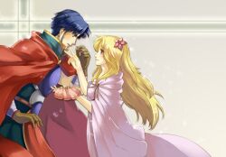  1boy aisagi blonde_hair blue_hair cape commentary_request daimos_(legend_of_xanadu) dragon_slayer_(series) dress female flower gloves hair_flower hair_ornament long_hair prosta red_cape the_legend_of_xanadu white_dress 