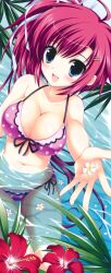  :d absurdres ahoge ariko_youichi bikini blue_eyes blush breasts cleavage female flower front-tie_top hair_ornament hair_ribbon hairclip hibiscus highres large_breasts midriff nakahara_akane navel open_mouth outstretched_hand pink_bikini pink_hair polka_dot polka_dot_bikini ribbon side-tie_bikini_bottom side_ponytail smile solo stick_poster swimsuit trouble@spiral! water 