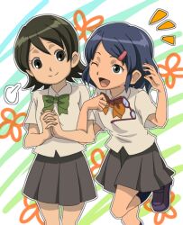  2girls alternate_hairstyle blue_eyes blue_hair commentary_request glasses green_eyes green_hair hair_ornament hairclip inazuma_eleven inazuma_eleven_(series) kino_aki locked_arms multiple_girls one_eye_closed open_mouth otonashi_haruna school_uniform short_hair skirt smile wakusei_hakai_otoko 