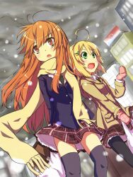  2girls blonde_hair brown_eyes brown_hair commentary_request gloves green_eyes long_hair multiple_girls original pantyhose scarf shiro9jira short_hair snow thighhighs yellow_scarf 