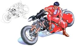  1boy akira_(manga) biker_clothes black_hair boots gloves goggles highres jumpsuit kaneda_shoutarou&#039;s_bike kaneda_shoutarou_(akira) line_art male_focus motor_vehicle motorcycle official_art ootomo_katsuhiro photoshop_(medium) sitting solo unworn_goggles 