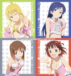  4girls :d ahoge amami_haruka aqua_eyes bare_shoulders blonde_hair blue_hair bob_cut brown_eyes brown_hair bulge1944 choker commentary_request green_eyes hagiwara_yukiho hair_ornament hair_ribbon highres hoshii_miki idolmaster idolmaster_(classic) jacket jewelry kisaragi_chihaya long_hair multiple_girls necklace one_eye_closed open_mouth photoshop_(medium) pink_diamond_765_(idolmaster) ribbon short_hair smile wrist_cuffs 