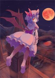  bad_id bad_pixiv_id blue_hair dress female flying full_moon glowing glowing_eyes hat moon naka_akira night night_sky red_eyes red_moon remilia_scarlet shoes short_hair sky solo star_(sky) starry_sky touhou wings wrist_cuffs 