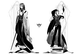  2boys bad_id bad_pixiv_id book cape command_spell eumenes_(fate) fate/zero fate_(series) fire greyscale hourglass ionioi_hetairoi_(fate) long_hair male_focus monochrome multiple_boys necktie occacia sword waver_velvet weapon 