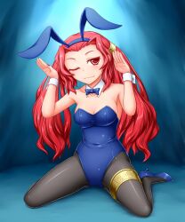  animal_ears bow bowtie commentary_request detached_collar emilia_(yu-gi-oh!) fake_animal_ears female gishki_emilia long_hair one_eye_closed pantyhose pataneet playboy_bunny rabbit_ears red_eyes red_hair solo thighlet twintails wrist_cuffs yu-gi-oh! yu-gi-oh!_duel_monsters 