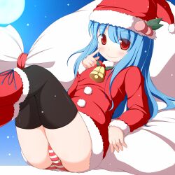  alternate_costume ass bag bell black_thighhighs blue_eyes blush commentary_request female hat highres hinanawi_tenshi long_hair nikku_(ra) no_pants panties red_eyes santa_costume santa_hat sitting smile solo striped_clothes striped_panties thighhighs touhou underwear 