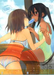  !? 2girls absurdres akinashi_yuu ass bikini black_eyes black_hair blush brown_eyes brown_hair calendar_(medium) casual_one-piece_swimsuit dark-skinned_female dark_skin day food green_one-piece_swimsuit highres hirasawa_yui innertube k-on! long_hair mouth_hold multicolored_stripes multiple_girls nakano_azusa one-piece_swimsuit popsicle romaji_text scan shared_food short_hair striped_bikini striped_clothes swim_ring swimsuit tan translated twintails vertical-striped_bikini vertical-striped_clothes yuri 