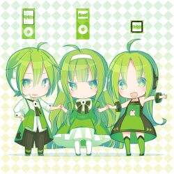  2girls ahoge apple apple_inc. aruya_(flosrota) bow commentary_request digital_media_player dress food fruit green_hair green_theme hairband ipod multiple_girls personification photoshop_(medium) revision 