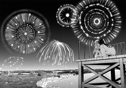  1boy aerial_fireworks aria_(manga) beret couple female fireworks greyscale hat izumo_akatsuki kissing long_hair mizunashi_akari monochrome nagian night ponytail scenery source_request straight uniform 