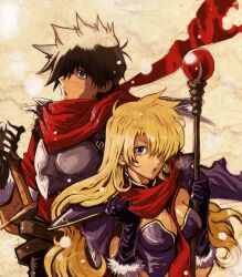  1boy ares_toraernos armor blonde_hair brandish breasts brown_hair commentary_request dela_delon female gloves leotard long_hair medium_breasts purple_eyes red_scarf scarf staff yellow_background zyano 