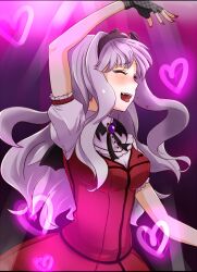  blood blush closed_eyes commentary_request dress fangs female fingerless_gloves gloves grey_hair idolmaster idolmaster_(classic) long_hair michigan my_dear_vampire_(idolmaster) shijou_takane solo 