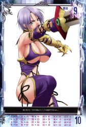  absurdres armor blue_eyes breasts earrings elbow_gloves female fighting_stance fingerless_gloves gauntlets gloves hair_over_one_eye highres holding holding_sword holding_weapon huge_breasts isabella_valentine jewelry makeup nigou official_art photoshop_(medium) purple_hair queen&#039;s_blade queen&#039;s_gate revealing_clothes scan shiny_skin short_hair simple_background solo soulcalibur soulcalibur_iv sword thighhighs thighs underboob weapon white_background 